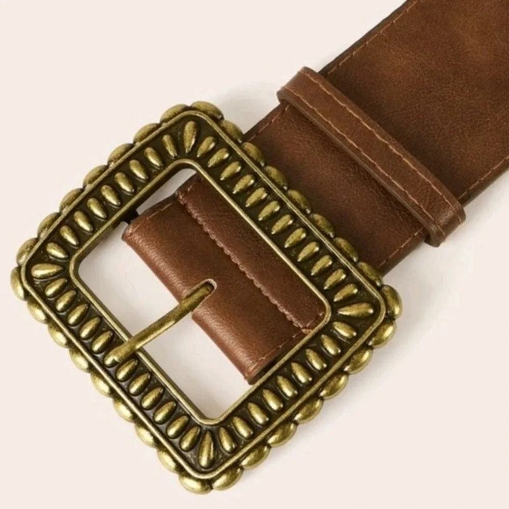 Wide Brown Western Faux Leather waist Belt OS Boho Chunky Buckle Statement